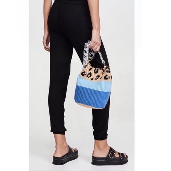 Soraya Hennessy Bucket Bag Colorblock Tote Tan Blue Leopard Print Lucite Strap - Picture 4 of 12